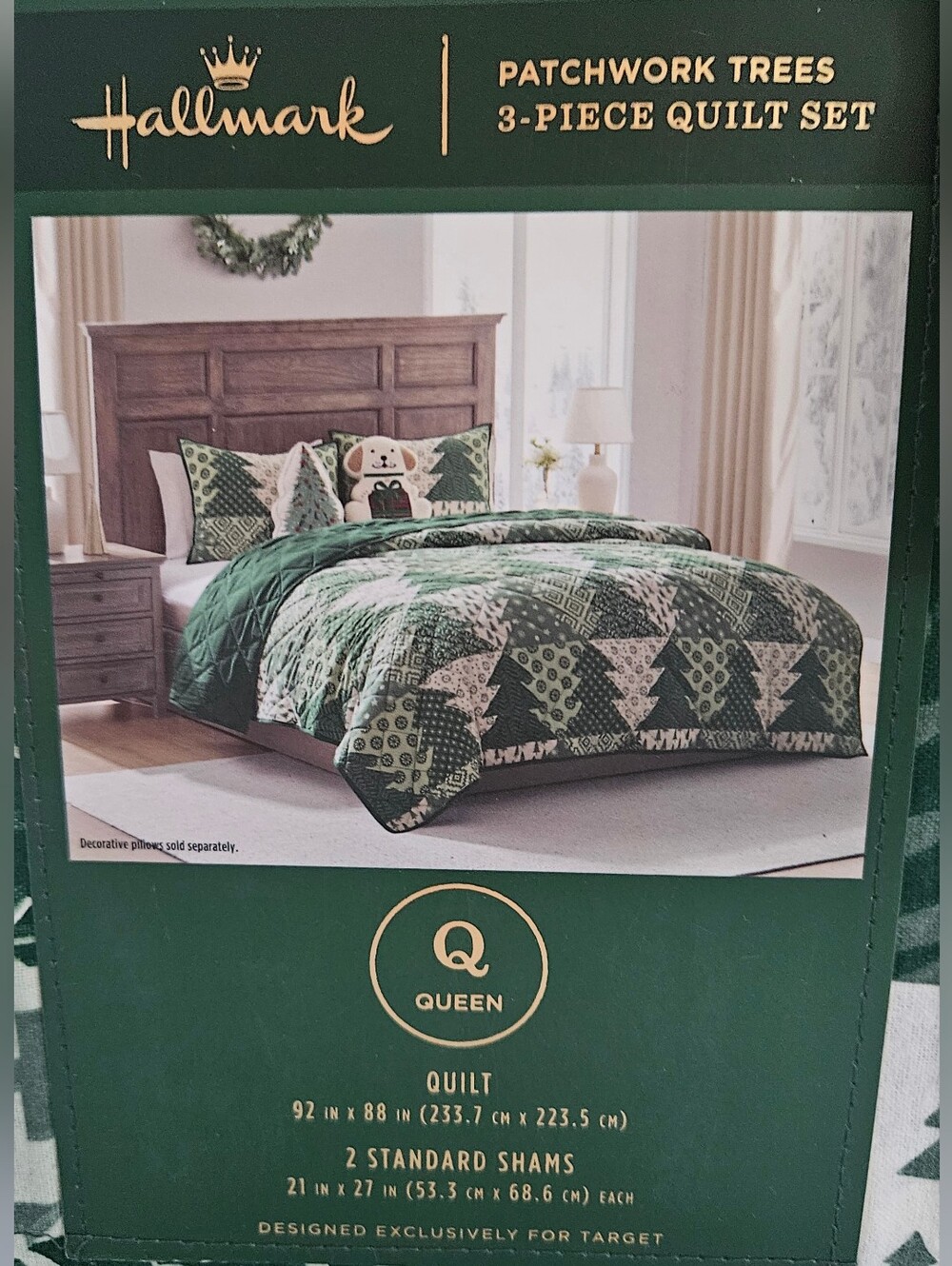 NWT Hallmark Patchwork Trees 3-Piece Flannel Quilt Set Holiday Green Queen
